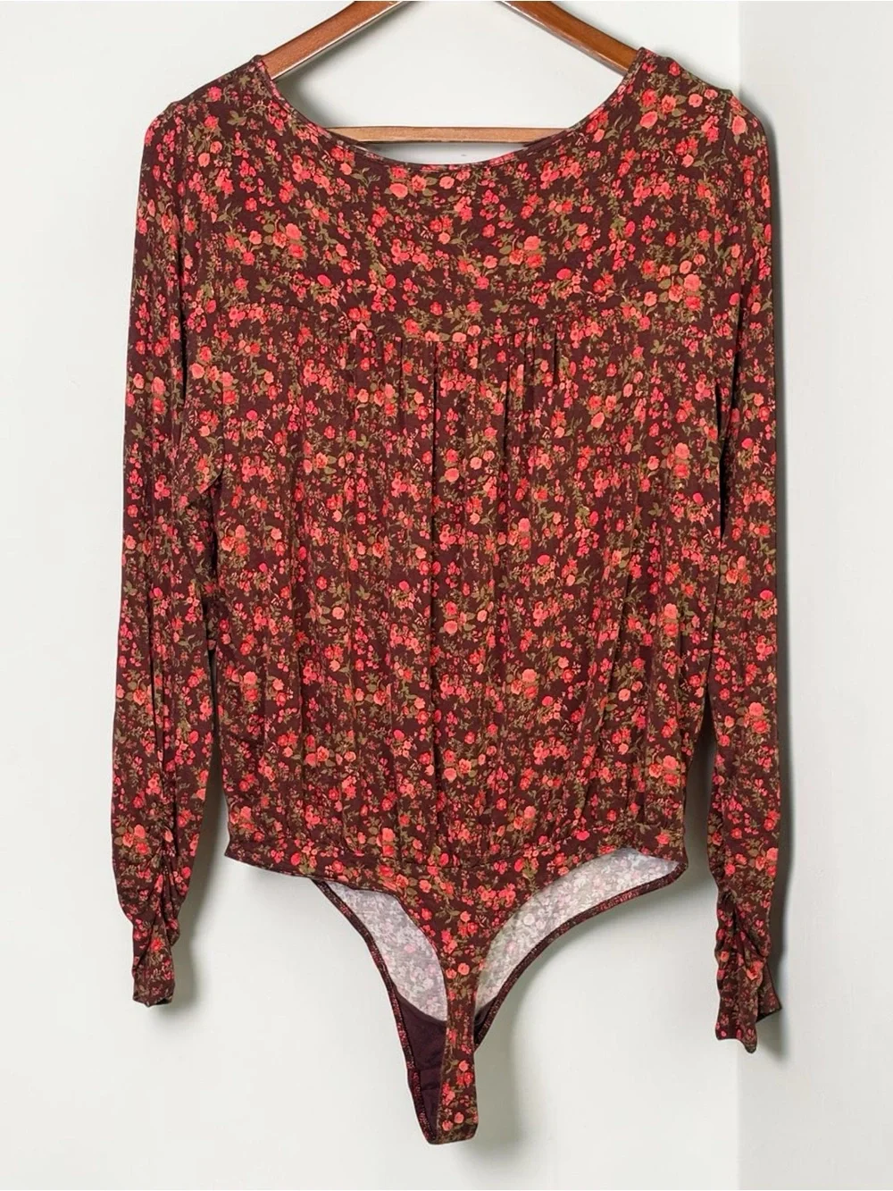 Free People Kaya Floral Printed Cutout Bodysuit Size L Chocolate Red